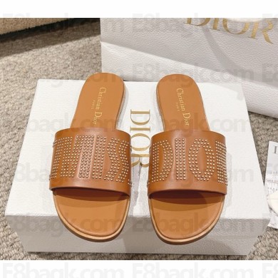 Dior Dway Slide Brown Calfskin and Gold-Finish Studs 2024
