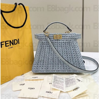 fendi Peekaboo ISeeU Small bag in Sand leather and interlaced fiber blue 2024
