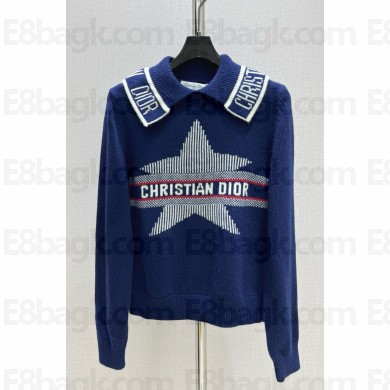 DiorAlps Mock Neck Sweater blue Virgin Wool and Cashmere Knit with White Dior Star Motif 1101-2024 