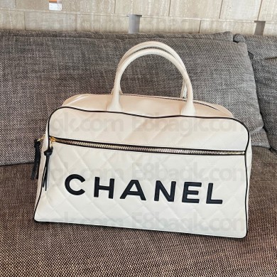 Chanel Logo Letters Vintage Quilted Duffel Bag Travel Tote white