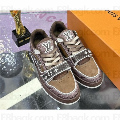 Louis Vuitton 1ADE24 LV Trainer Sneaker Moka Brown Croc-embossed denim 2025
