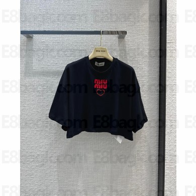 miu miu Embroidered cotton jersey T-shirt black 2023