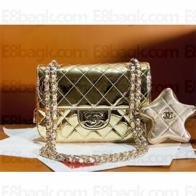 chanel Metallic Mirror Calfskin, Metallic Lambskin & Gold-Tone Metal Mini Flap Bag & Star Coin Purse AS4646 light gold 2024
