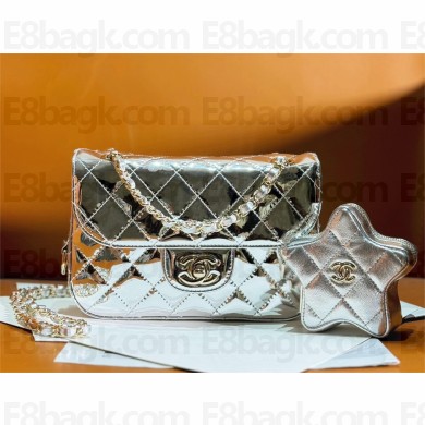 chanel Metallic Mirror Calfskin, Metallic Lambskin & Gold-Tone Metal Mini Flap Bag & Star Coin Purse AS4646 silver 2024