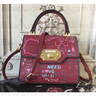  Dolce & Gabbana Calf Leather Welcome Handbag With Graffiti Print Burgundy 2018