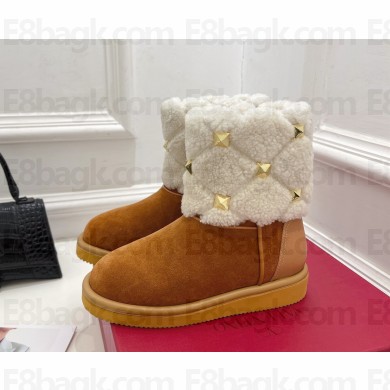 VALENTINO ROMAN STUD QUILTED ANKLE BOOT IN SPLIT LEATHER AND WOOL 20MM tan brown 2022