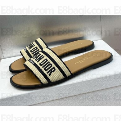 Dior Natural Raffia and Black Embroidered Cotton Dway Slide 2024
