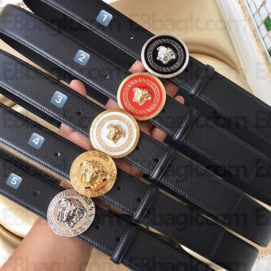 Versace Leather Belt with Logo Round Buckle 35MM Width Black 2018
