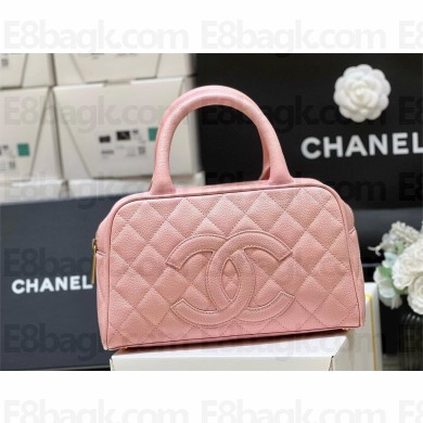 CHANEL CC Quilted Caviar Bowling Bag in pink 2023(ORIGINAL QUALITY)