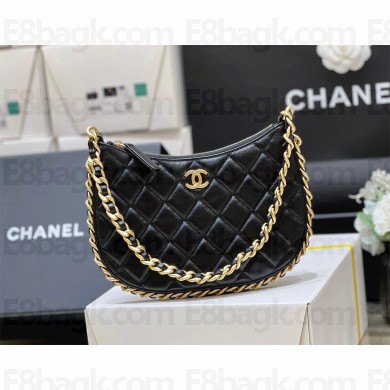 Chanel Shiny Crumpled Lambskin & Gold-Tone Metal Hobo Handbag AS4378 Black 2023(original quality)