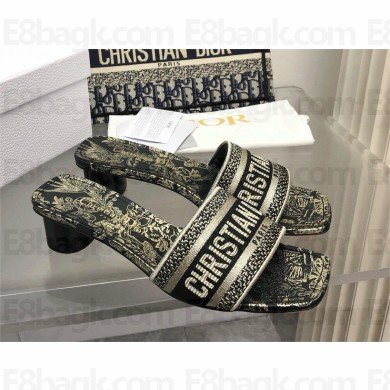 Dior Black and Gold-Tone Toile de Jouy Mexico Embroidered Cotton with Metallic Thread Dway Heeled Slide 2024