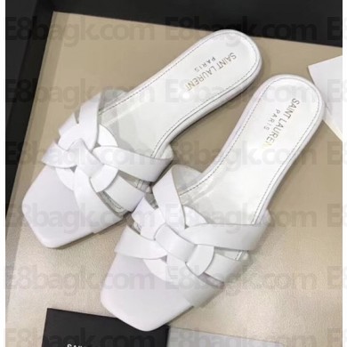 Saint Laurent Slide Sandal In Leather With Intertwining Straps White 2018