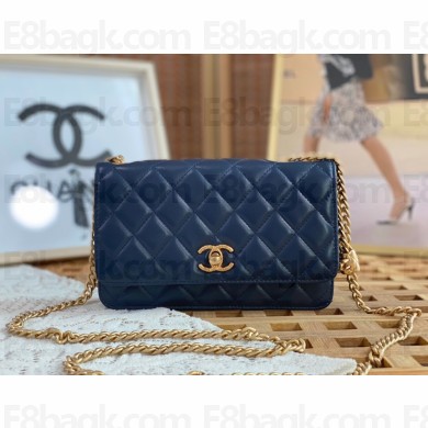 chanel NAVY BLUE Lambskin & Gold-Tone Metal Wallet on Chain bag AP3043 2022