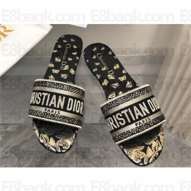 Dior black and Gold-Tone Gradient Butterflies Embroidered Cotton with Metallic Thread Dway Slide 2024