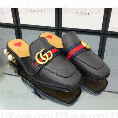 Gucci Calfskin Leather 3.5cm heel Web Details Pearls Trim Slipper black