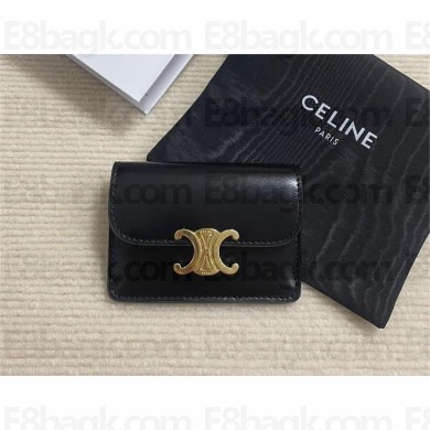CELINE  CARD HOLDER WITH FLAP TRIOMPHE in Shiny calfskin Black 10I583 2023