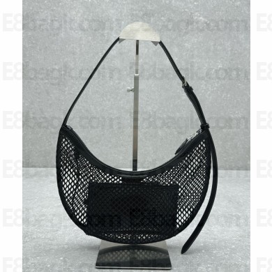 Alaia ONE PIECE DEMI LUNE BAG IN FISHNET PYRAMIDS Small shoulder bag with pyramid-shaped studs black 2024