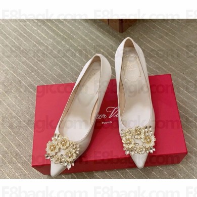 roger vivier Efflorescence Pumps Silk blend satin with Crystal buckle white 1104-2024