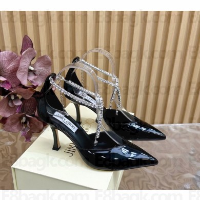 Jimmy Choo Stevie pump Black Patent Leather Pumps with Crystal anklet  heel 8.5cm 1104-2024