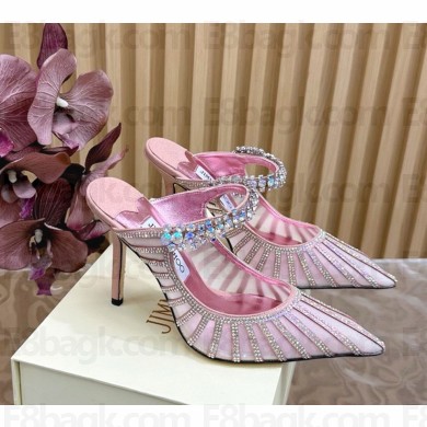 Jimmy Choo Bing Macaron Suede Mules Crystal stripe mesh pink heel 10.5cm 1104-2024