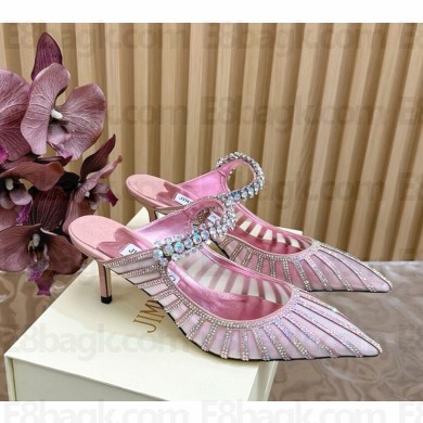 Jimmy Choo Bing Macaron Suede Mules Crystal stripe mesh pink heel 6.5cm 1104-2024