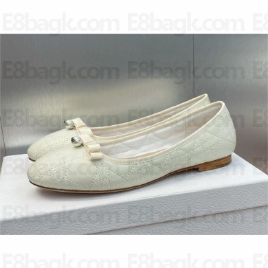 Dior Ballet Flats with Grosgrain bow and Pearl in WHITE Quilted Cannage Calfskin 2024