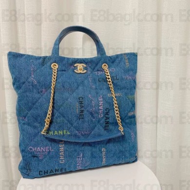 CHANEL Printed Denim & Gold-Tone Metal blue & Multicolor Maxi Shopping Bag 2022