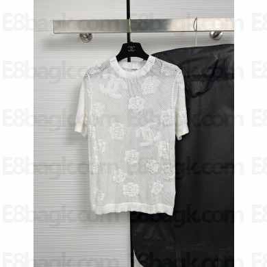 CHANEL camellia KNITTED T-SHIRT WHITE 2023
