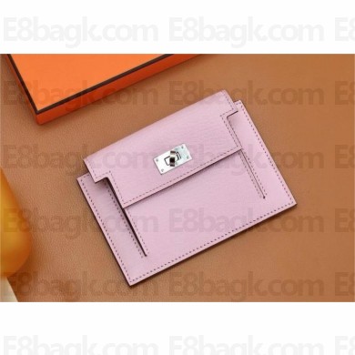 Hermes kelly pocket compact wallet in mysore leather mauve sylvestre (Full Handmade)