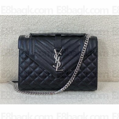 saint laurent envelope medium in quilted grain de poudre embossed leather BLACK/SILVER 2024(original quality)