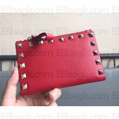 Valentino Rockstud Pocket Bi-Fold Wallet 0605 Red