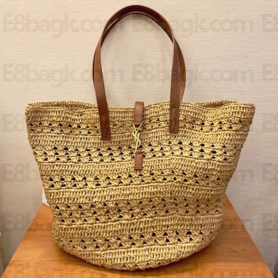 saint laurent panier medium bag in crochet raffia and smooth leather NATUREL 2023