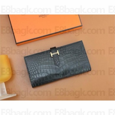 Hermes Bearn Long Wallet in matt alligator leather noir(Full Handmade)