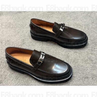 Hermes men's Icone Loafer in calfskin with functional palladium-plated Kelly buckle coffee 2024