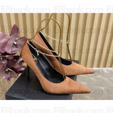Saint Laurent 105mm Régine pumps with chain-link detailing brown silk 2025