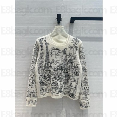 DIOR White and Black Cashmere Knit with Paris Allover Motif Embroidered Sweater 2024