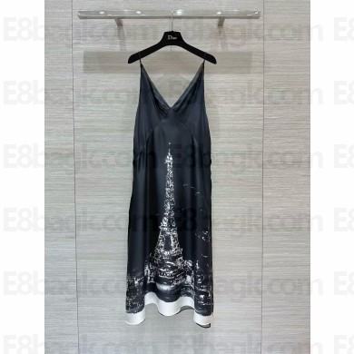 DIOR Black and White Silk Twill with Paris Motif A-Line Mid-Length Dress 2024