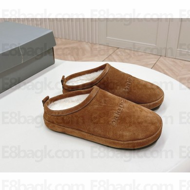 Balenciaga women's suede leather mules with shearling in brown 2024