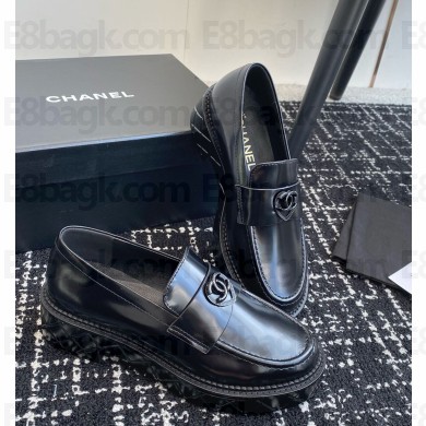 chanel  CC Logo platform patent leather loafer in black 2024
