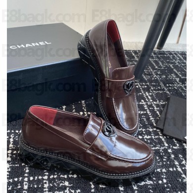 chanel  CC Logo platform patent leather loafer in burgundy 2024