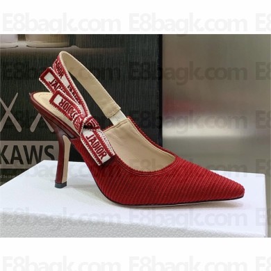 Dior Heel 9.5cm Cherry Red Embroidered Cotton J'Adior Slingback Pump 2023