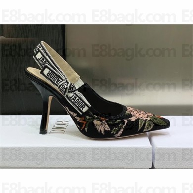 Dior Heel 9.5cm Black Multicolor Cotton with Dior Jardin Botanique Embroidery J'Adior Slingback Pump 2023