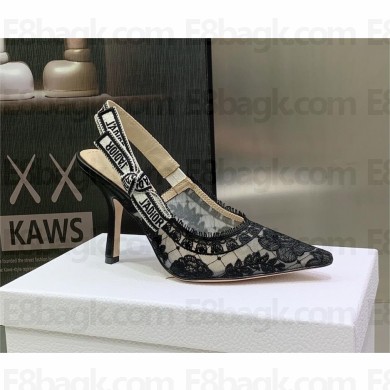 Dior Heel 9.5cm Black Transparent Mesh Embroidered with Dior Roses Motif J'Adior Slingback Pump 2023