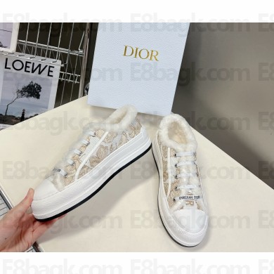 Dior Walk'n'Dior Platform Sneaker in White/beige Multicolor Embroidered Cotton with shearling 2024
