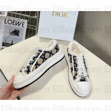 Walk'n'Dior Platform Sneaker Deep Blue and Beige Embroidered Cotton with Macrocannage Motif and shearling 2024
