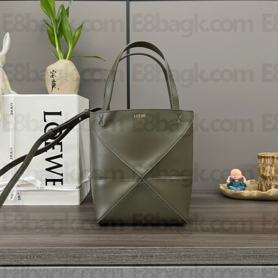 LOEWE Mini Puzzle Fold Tote in shiny calfskin 052322 dark khaki green 2024