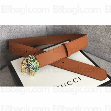 Gucci Width 3cm Leather Belt Brown with Tiger Head 2018