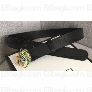 Gucci Width 3cm Leather Belt Black with Tiger Head 2018