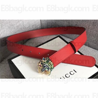 Gucci Width 3cm Leather Belt Red with Tiger Head 2018
