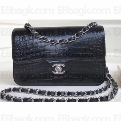 Chanel Croco Pattern Classic Flap Small Bag Black 2018